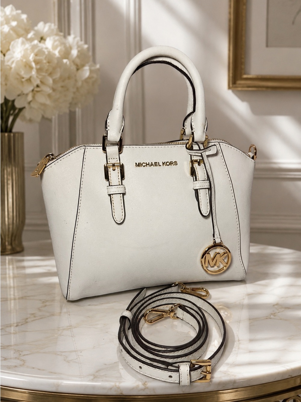 Michael Kors White Saffiano Leather Satchel Crossbody Gold MK Charm